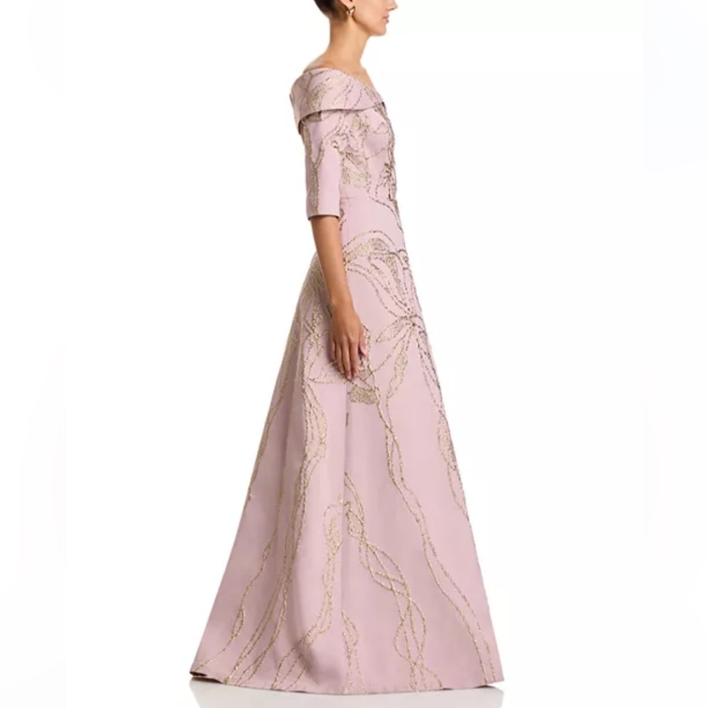 Teri Jon By Rickie Freeman Jacquard Folded Off-The-Shoulder Elbow Sleeve Gown 8 - Picture 3 of 10